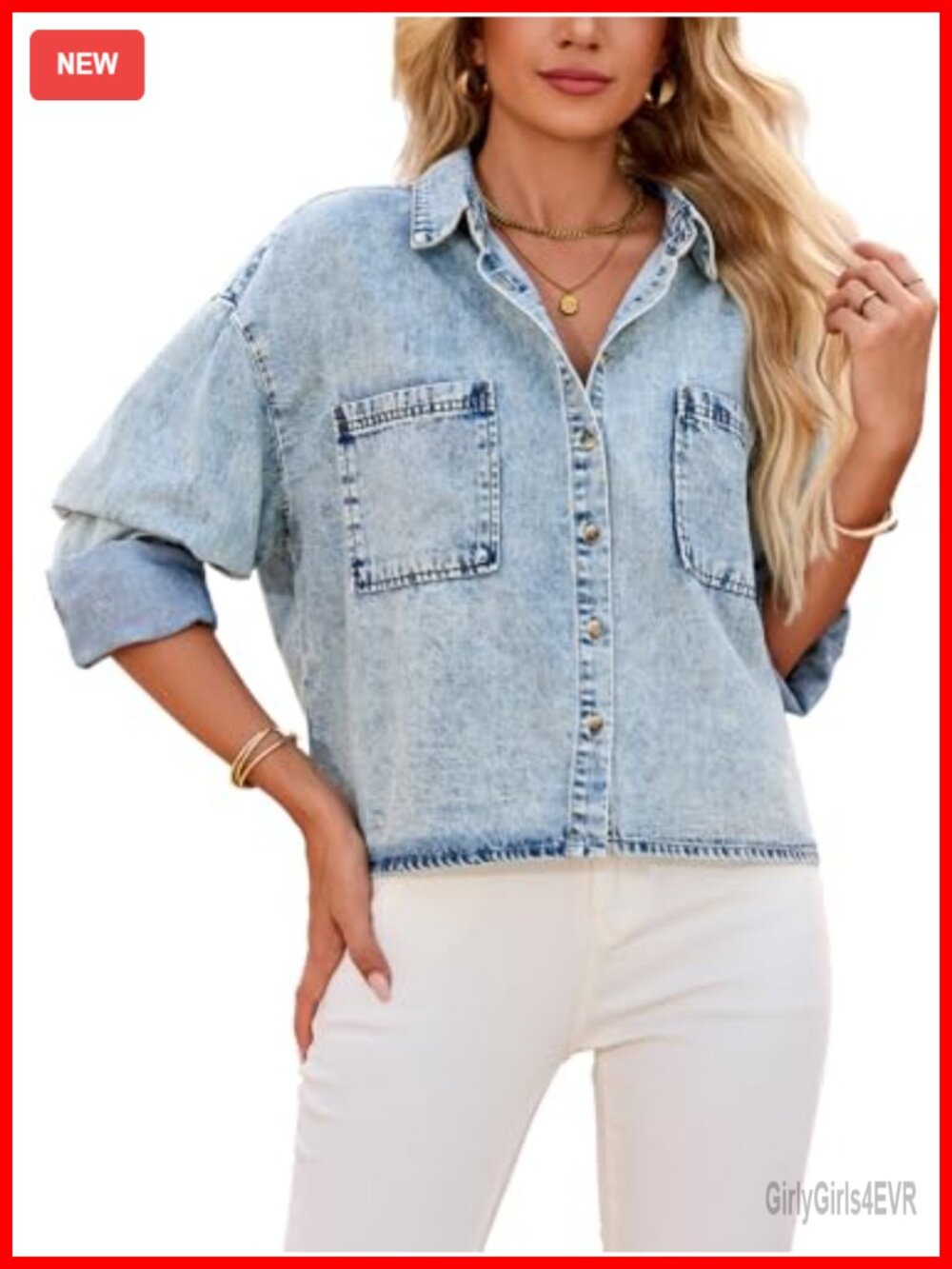 Cropped Button Down Denim Shirt Long Sleeve Lightweight
